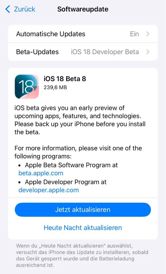 石家庄苹果手机维修分享苹果 iOS / iPadOS 18 开发者预览版 Beta 8 发布 